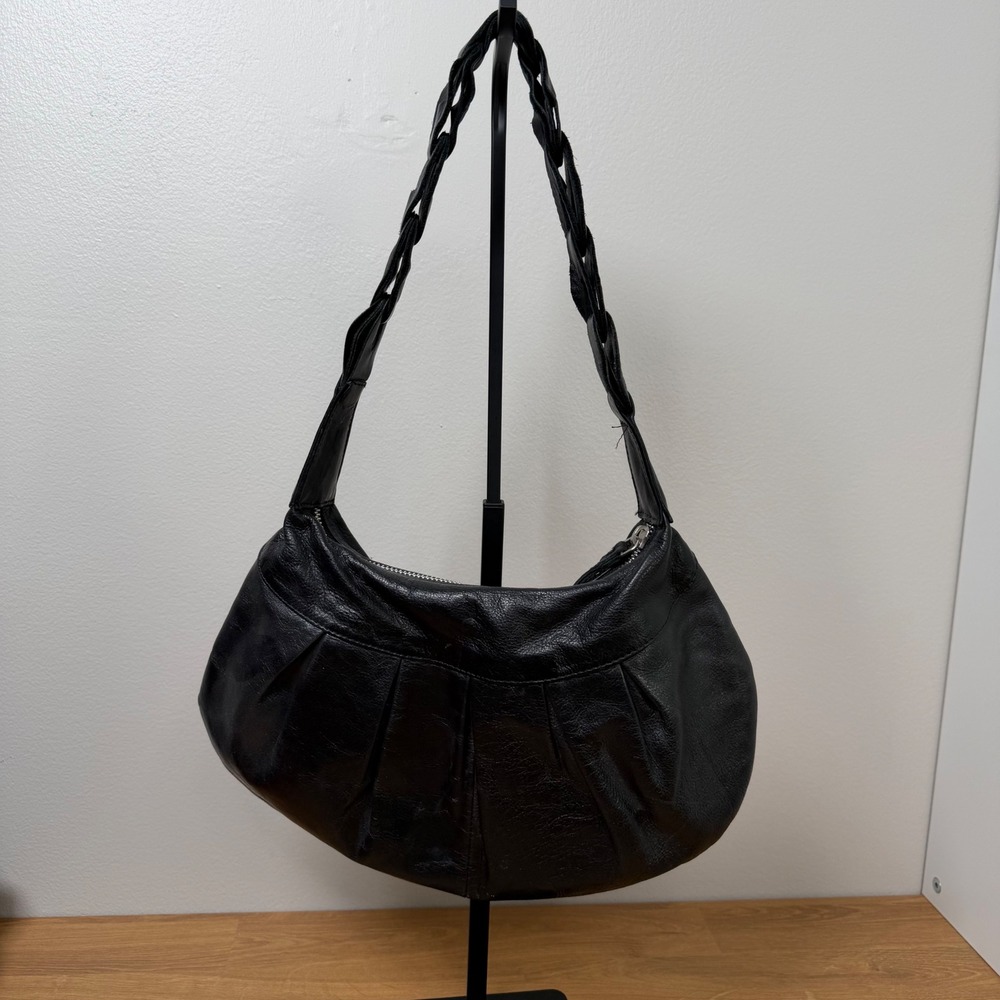 Debenhams Black Leather Pleated Hobo Bag Braided Strap Slouchy Y2K